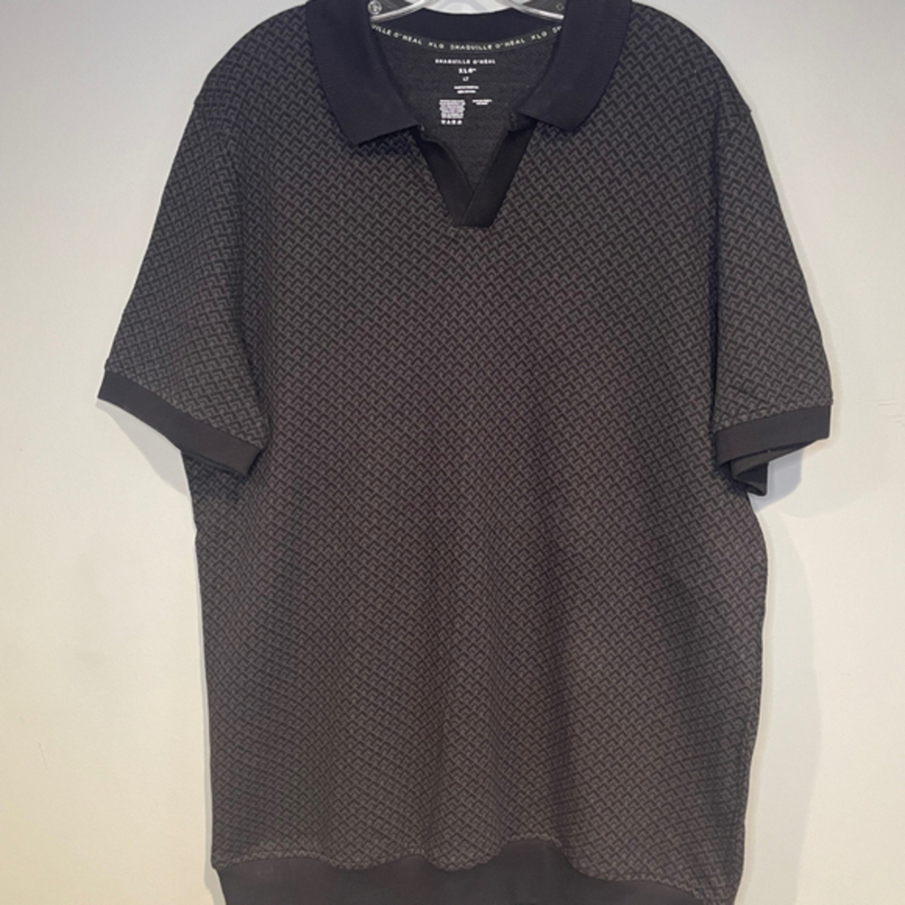 Shaquille O'Neal Polo Shirt Mens XLT Black Gray Knit Pattern Short Sleeve Casual